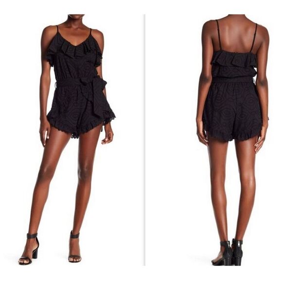 Allison New York Eyelet Spaghetti Strap Ruffle Romper Black - Picture 1 of 14